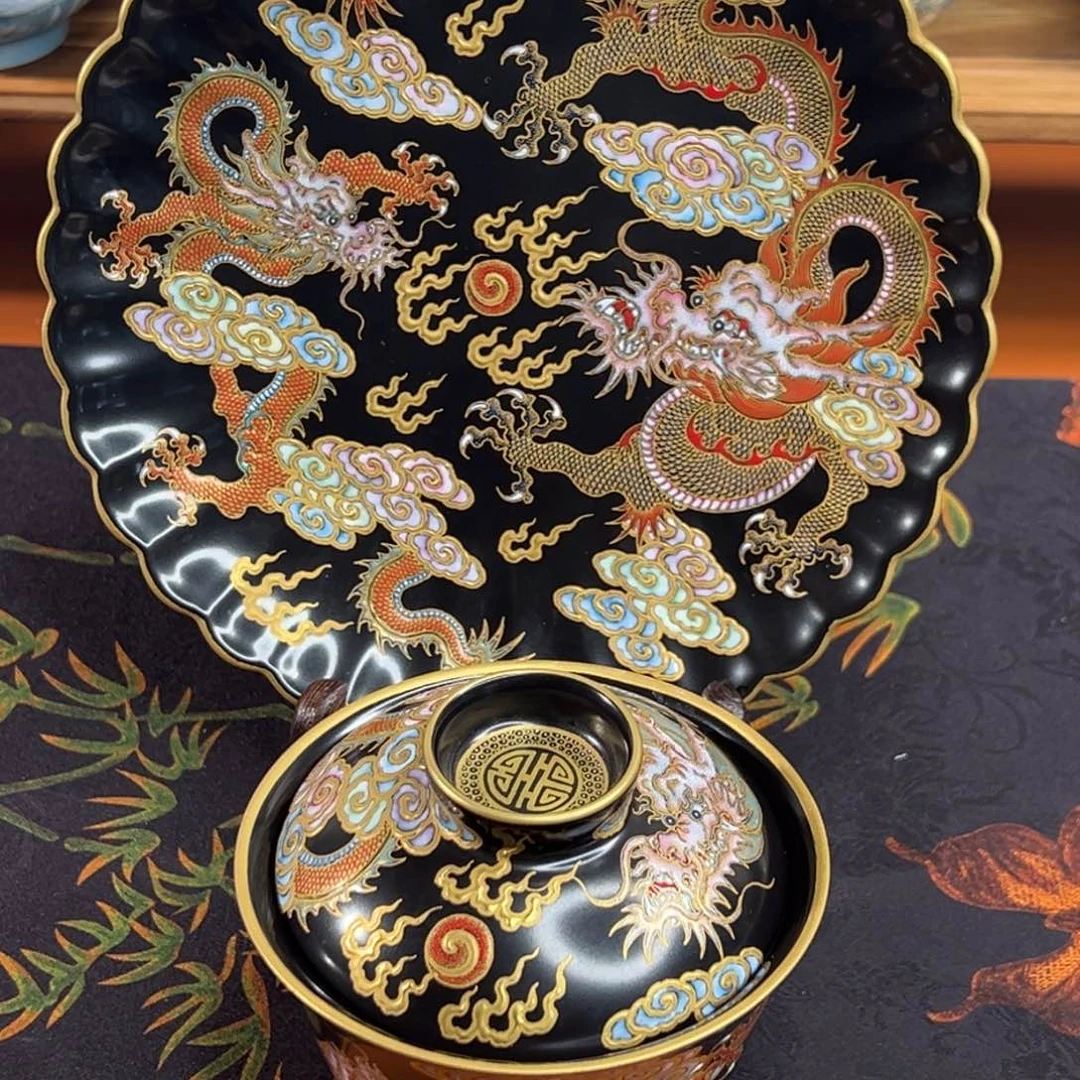 袁方华-黑底珐琅描金两件套套组