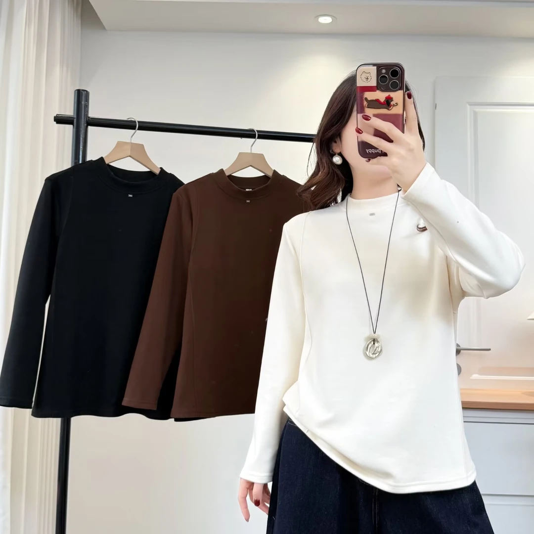 大码女装秋冬款韩版百搭宽松显瘦纯色徳绒保暖慕斯绒打底衫长袖