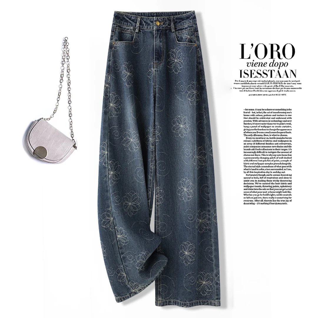 印花国风高腰阔腿裤女2025秋季新款时尚新中式刺绣设计直筒牛仔裤