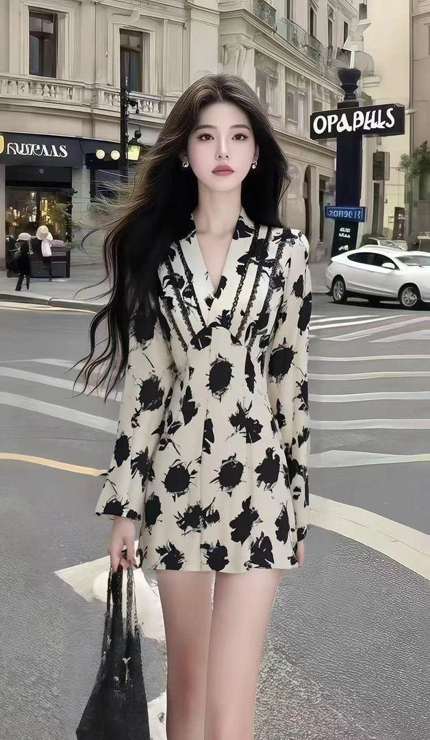设计感轻奢时尚千金风撞色碎花V领长袖修身收腰小个子显瘦连衣裙