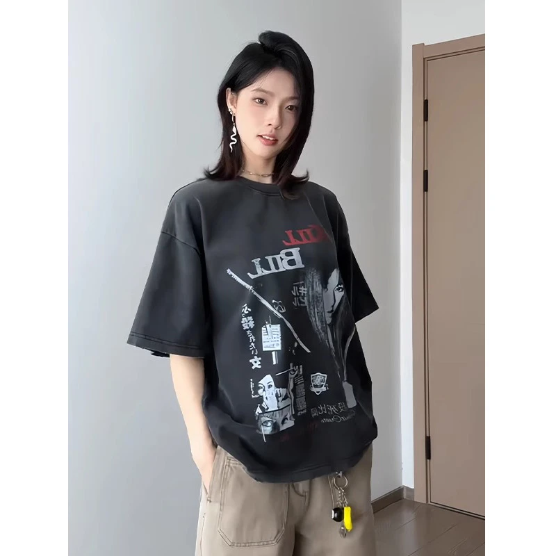 杀死比尔T恤男夏季水洗做旧小领口短袖美式高街oversize情侣半袖