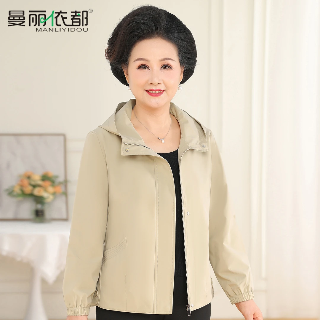中老年秋装纯色薄外套连帽妈妈宽松洋气上衣老人衣服时尚奶奶装
