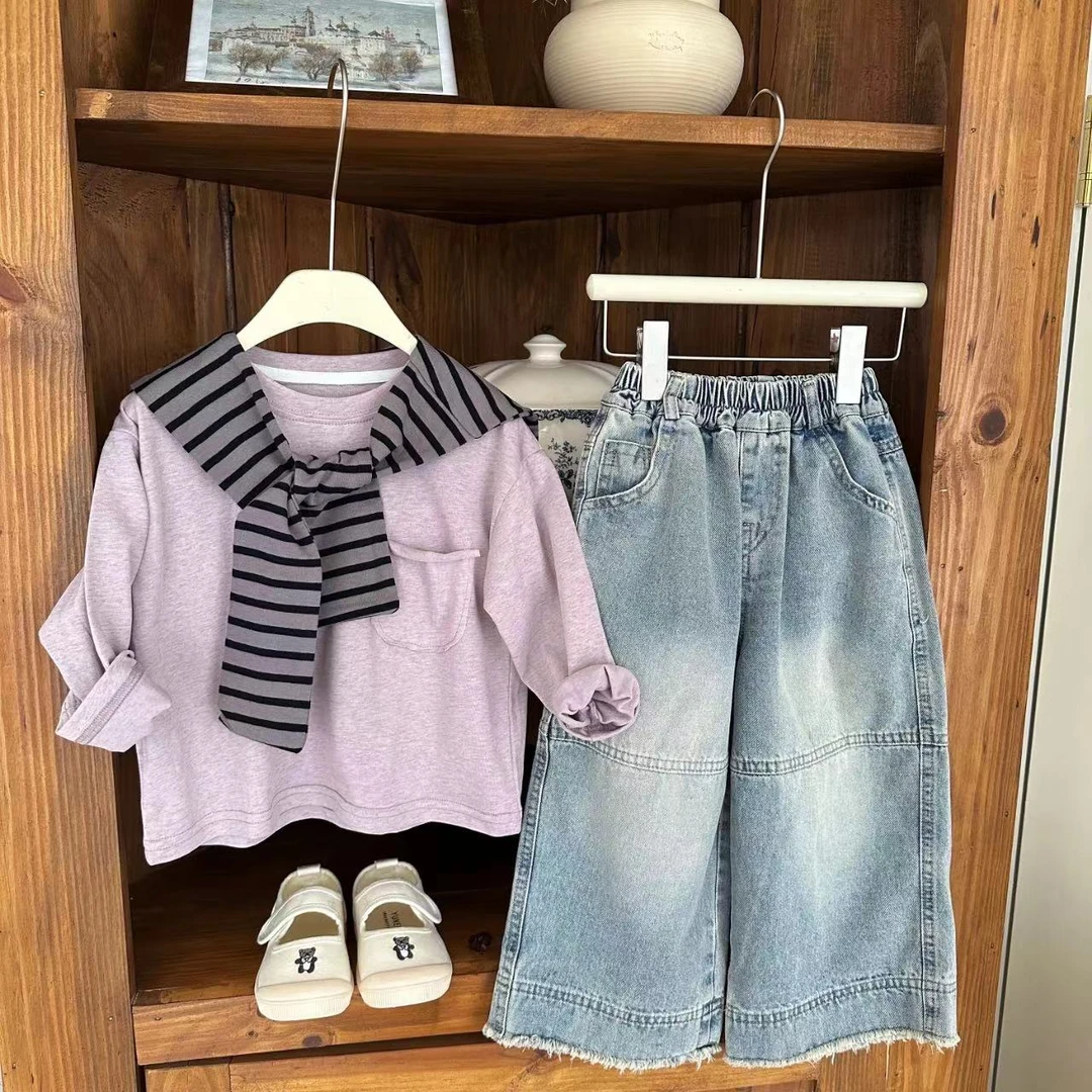 2025春季新款男女童韩版宽松条纹披肩T恤上衣儿童卫衣mt