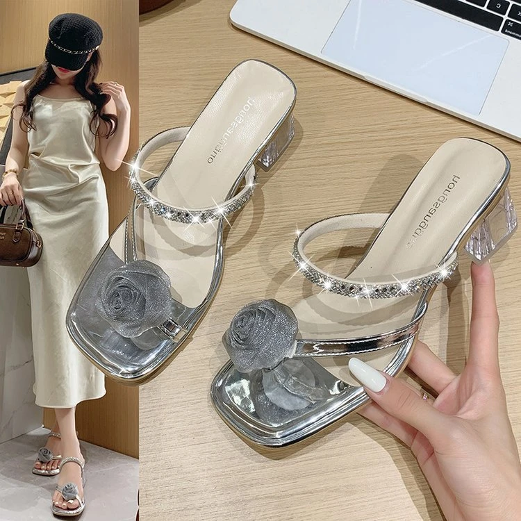 一字拖鞋女夏外穿百搭甜美软底舒适不累脚小香风花朵粗跟凉拖