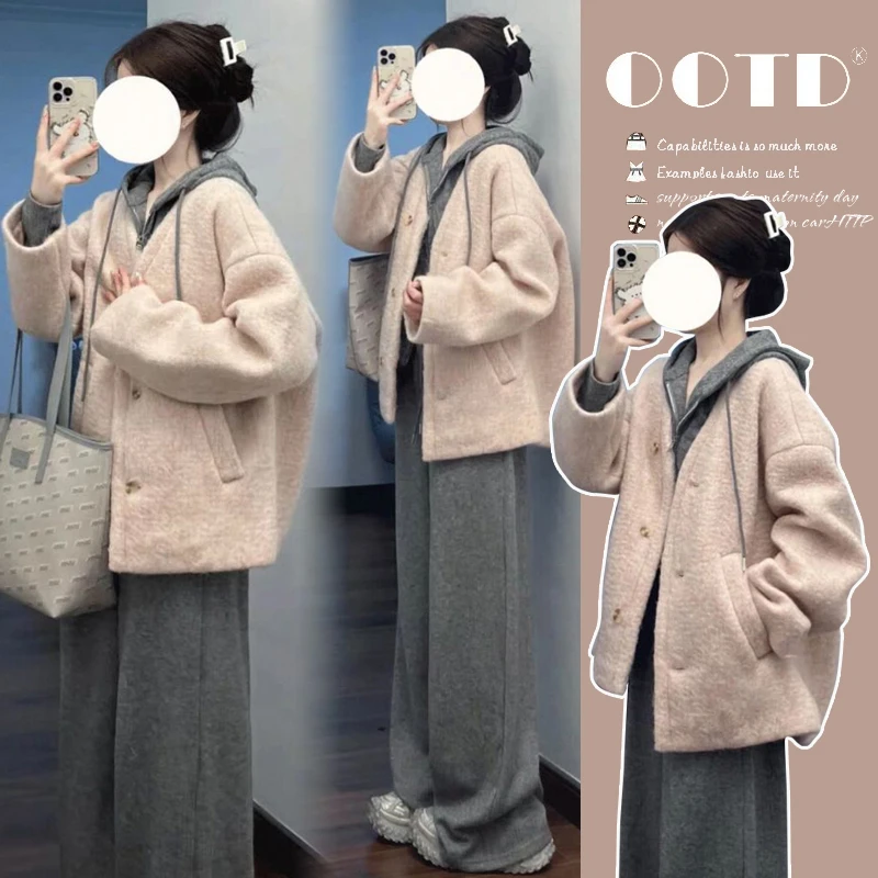2025新款孕妇秋冬装时尚洋气休闲套装百搭宽松大码毛呢外套高级感