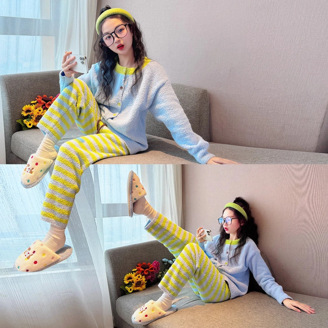 女童加绒睡衣套装冬2025新款初中生女孩半边绒家居服儿童居家爆款