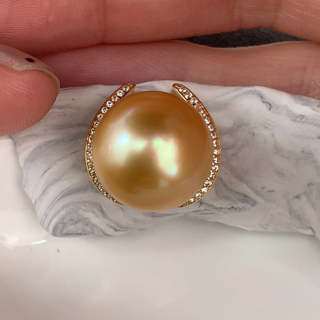 定制海水珍珠银S925镶嵌吊坠(不含链)13.4mm落日金金珠一颗