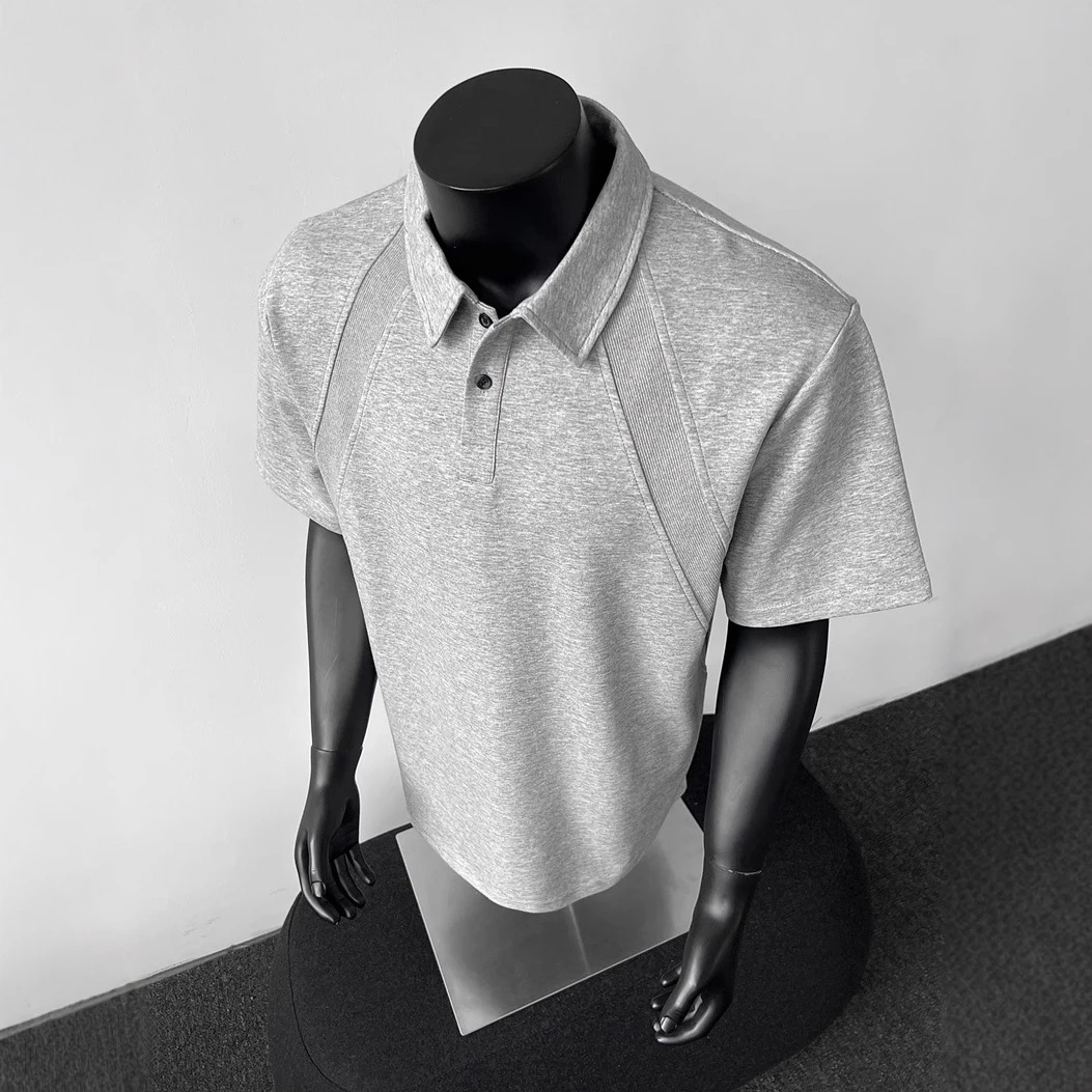 美式重磅太空棉空气层正肩解构拼接polo衫boxy版型简约短袖t恤