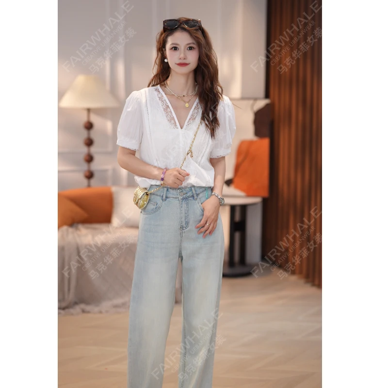 马克华菲女装夏季2025法式V领拼接蕾丝花边衬衫白色气质时尚 S