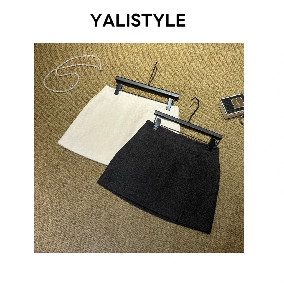 YL STUDIO 高腰百搭复古灰色毛呢半裙-6270