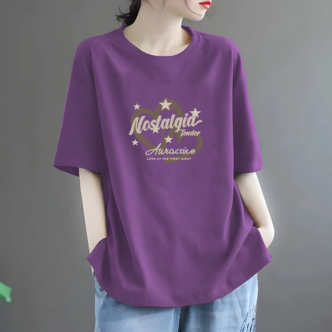 纯棉圆领短袖T恤女胖mm时尚宽松显瘦韩版洋气减龄休闲上衣体恤衫
