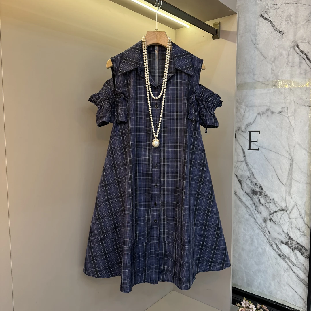 新2025欧货条纹翻领印花露肩木耳抽褶袖子减龄时尚大码衬衫裙2518