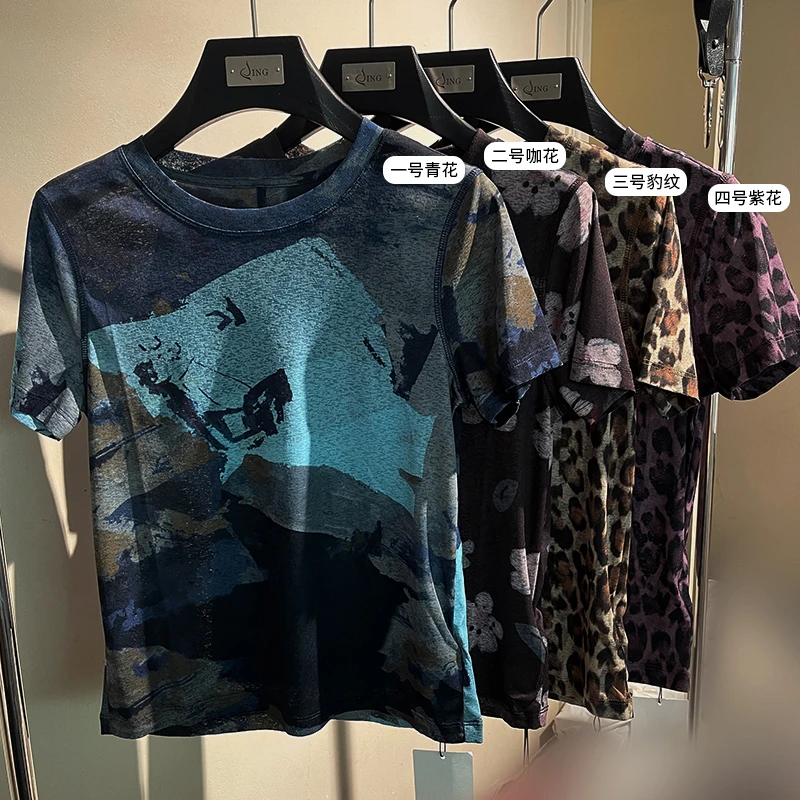 《100分纱T》夏季高级印花T时尚潮流小衫休闲短袖女装打底圆领上衣
