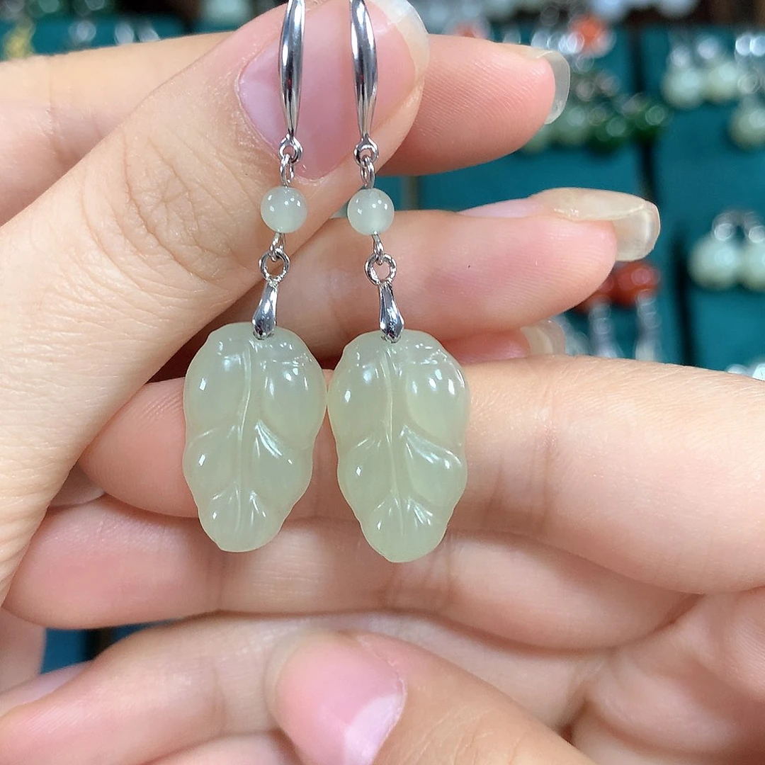 和田玉银S925镶嵌耳饰金枝玉叶19.5*12左右