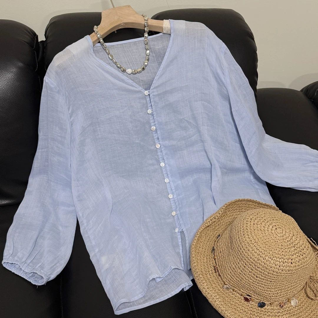 YILE▪【秋思】复古慵懒日常简约V领纯色100%苎麻防晒衬衫