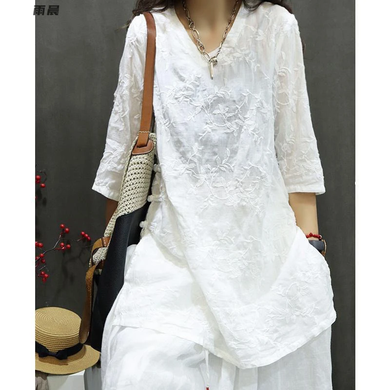 【1.5万人收藏】外贸原单清仓新款苎麻刺绣复古休闲宽松V领七分袖