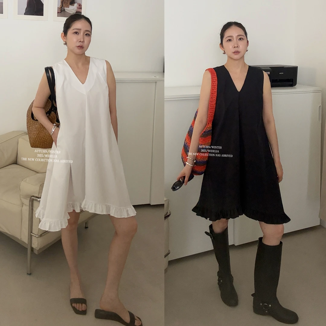 widelia陈姬儿夏季韩版白色荷叶边无袖连衣裙设计感V领A字裙7321