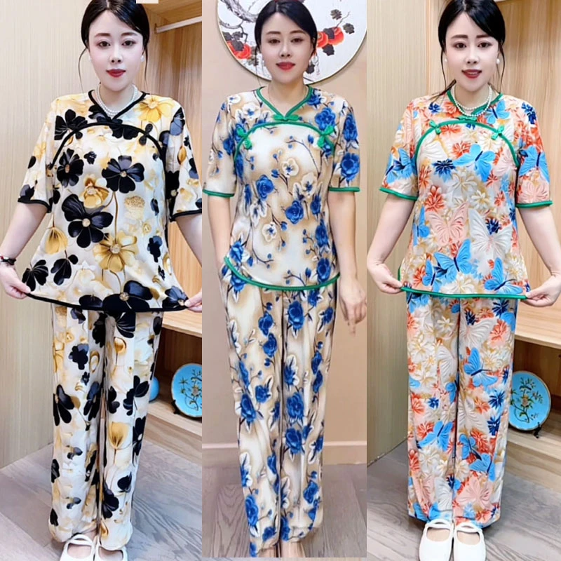 夏季夏天中老年民族风女士时尚洋气妈妈装中老年印花外穿休闲套装