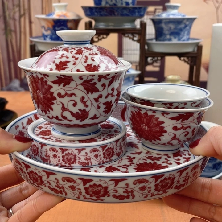 陶摆件釉里红缠枝莲五件套