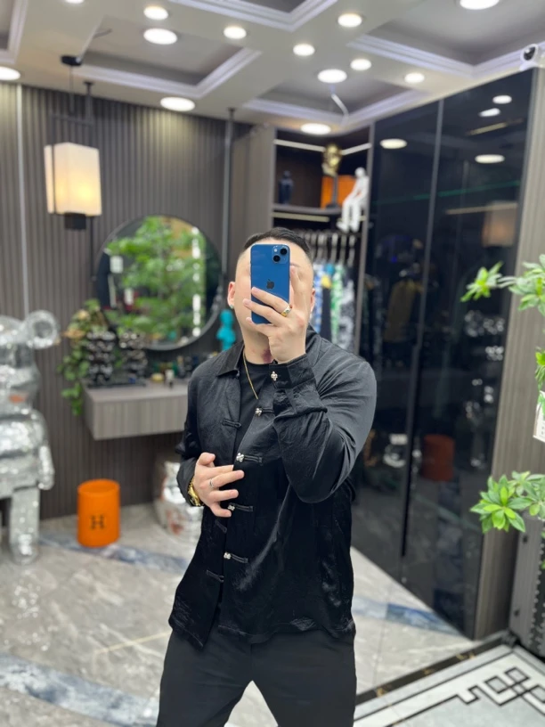 SH轻奢时尚高定男士雅痞花铁扣醋酸休闲衬衫8033