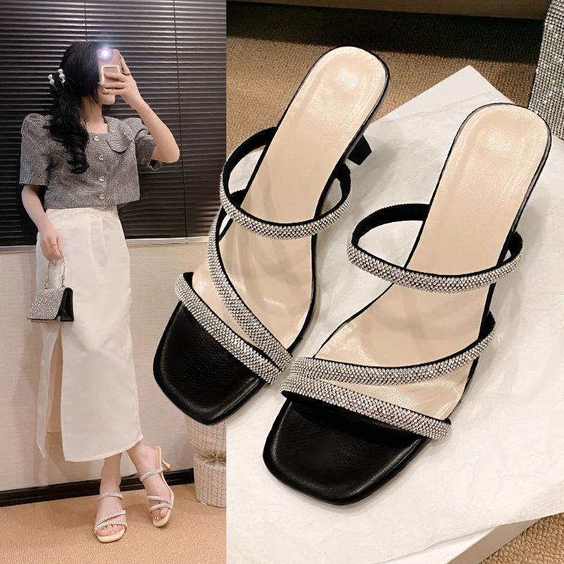 高跟鞋女2025年夏季新款方细跟拖鞋女水钻一字带外穿高跟凉鞋女