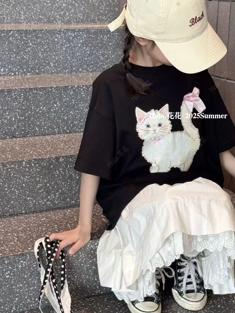 品牌童装2025春夏新款洋气减龄韩版宽松小猫咪印花蝴蝶结短袖T恤