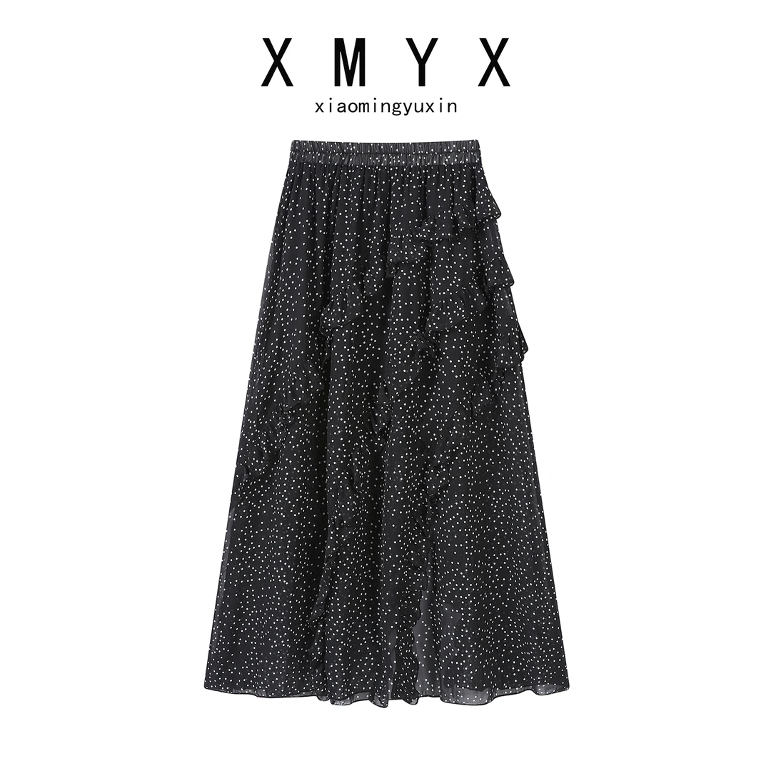 【XMYX】减龄慵懒风松紧腰显瘦蛋糕裙木耳边拼接波点半裙