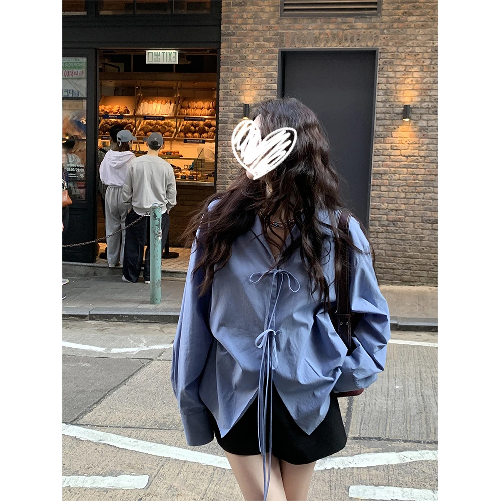 设计感翻领蝴蝶结系带衬衫女法式复古上衣春