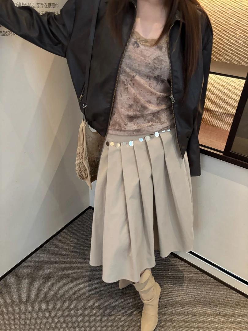 MAR 时尚气质高腰A字显瘦腰部亮片设计压褶半身裙女606038