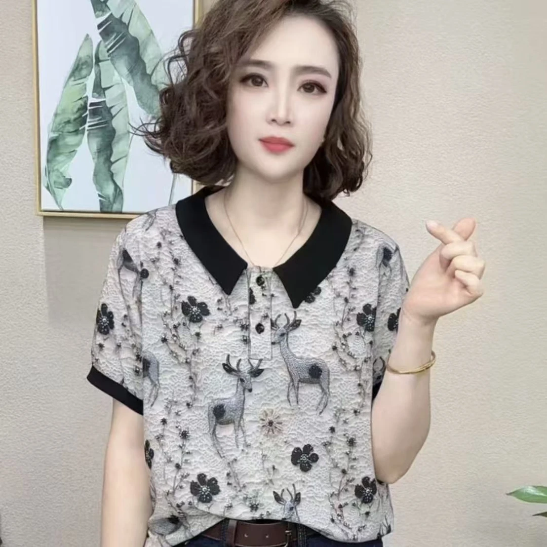 翻领短袖上衣女2025夏季新款薄款舒适百搭显瘦外穿妈妈半袖小衫