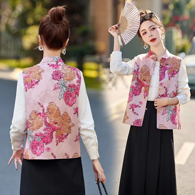 2025春季新款国风新中式复古气质重工提花马甲衬衫上衣两件套套装