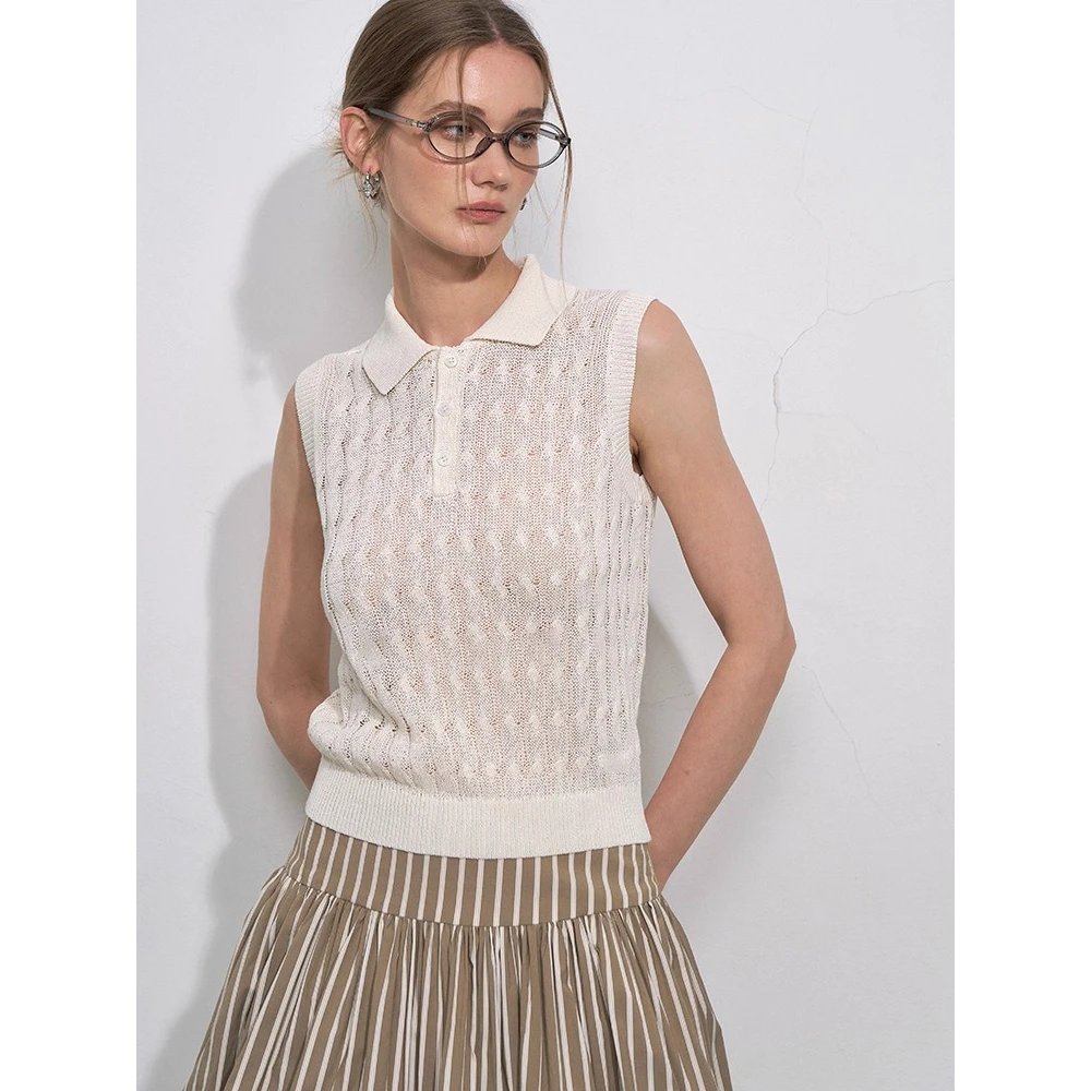 法式高级感POLO领绞花针织背心女夏季miu系通勤百搭显瘦无袖上衣