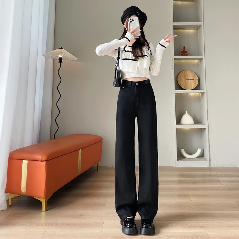牛仔裤女冬季2025年新款高腰显瘦阔腿裤窄版直筒黑色裤子-701