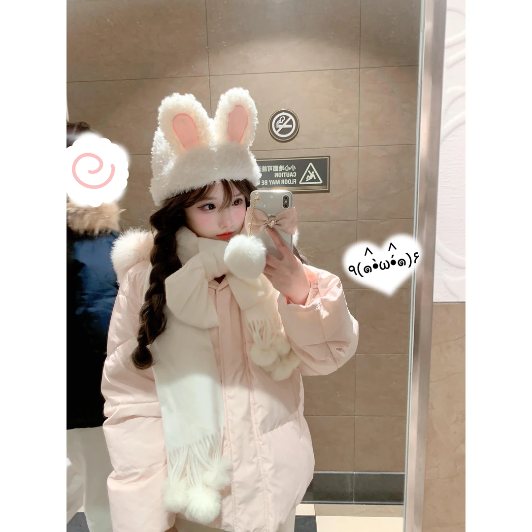 品牌精选甜爱毛绒兔耳朵女2025新款季白色毛茸茸针织保暖围巾