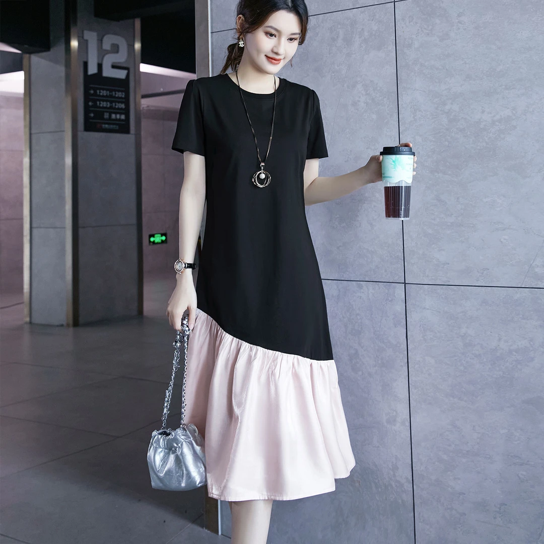 不规则撞色拼接连衣裙女夏季2025新款设计感宽松显瘦棉中长A字裙