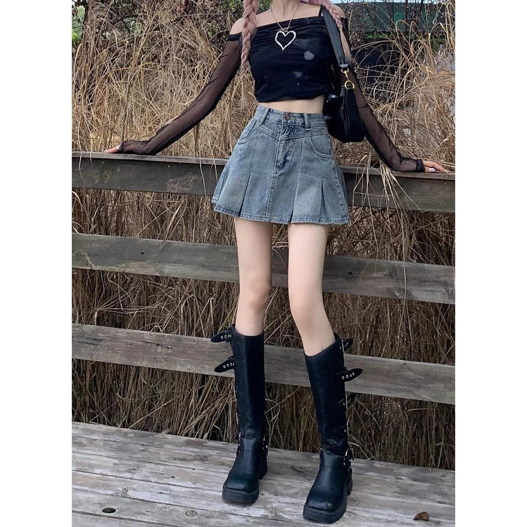 美式复古高腰显瘦牛仔百褶裙女2025年秋季新款小个子辣妹A字短裙