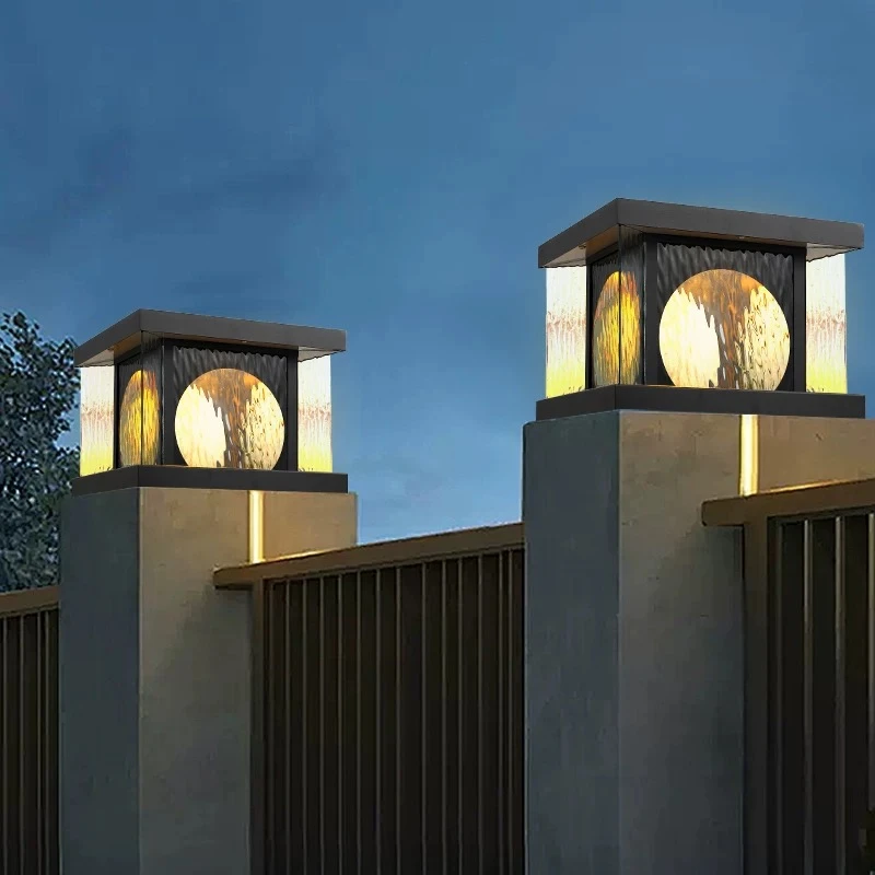 （拍一发二）新中式太阳能不锈钢平盖现代简约风庭院防水大门柱头灯