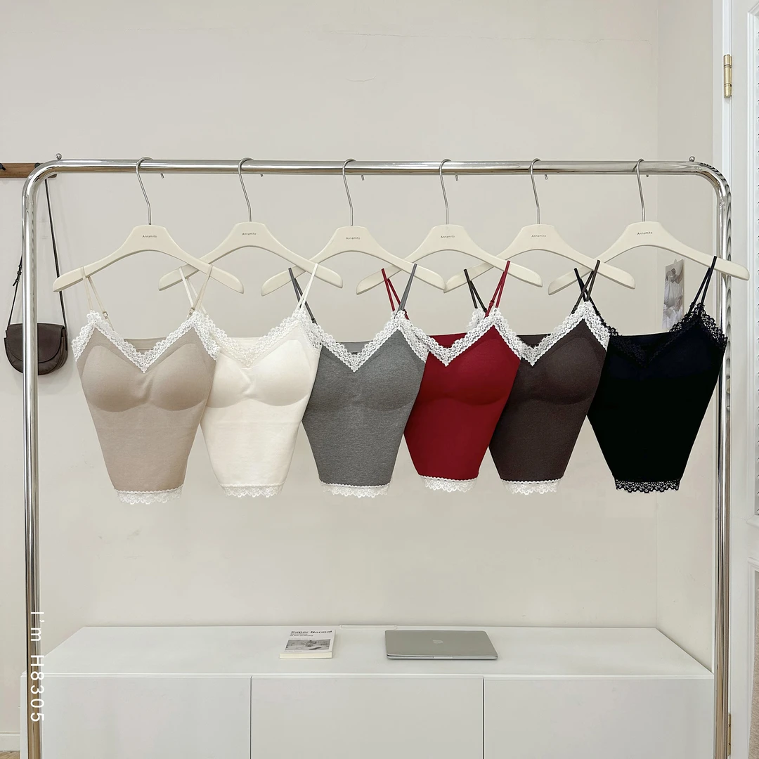 胸垫蕾丝拼接螺纹美背吊带暖氧珍珠绒打底背心H8305