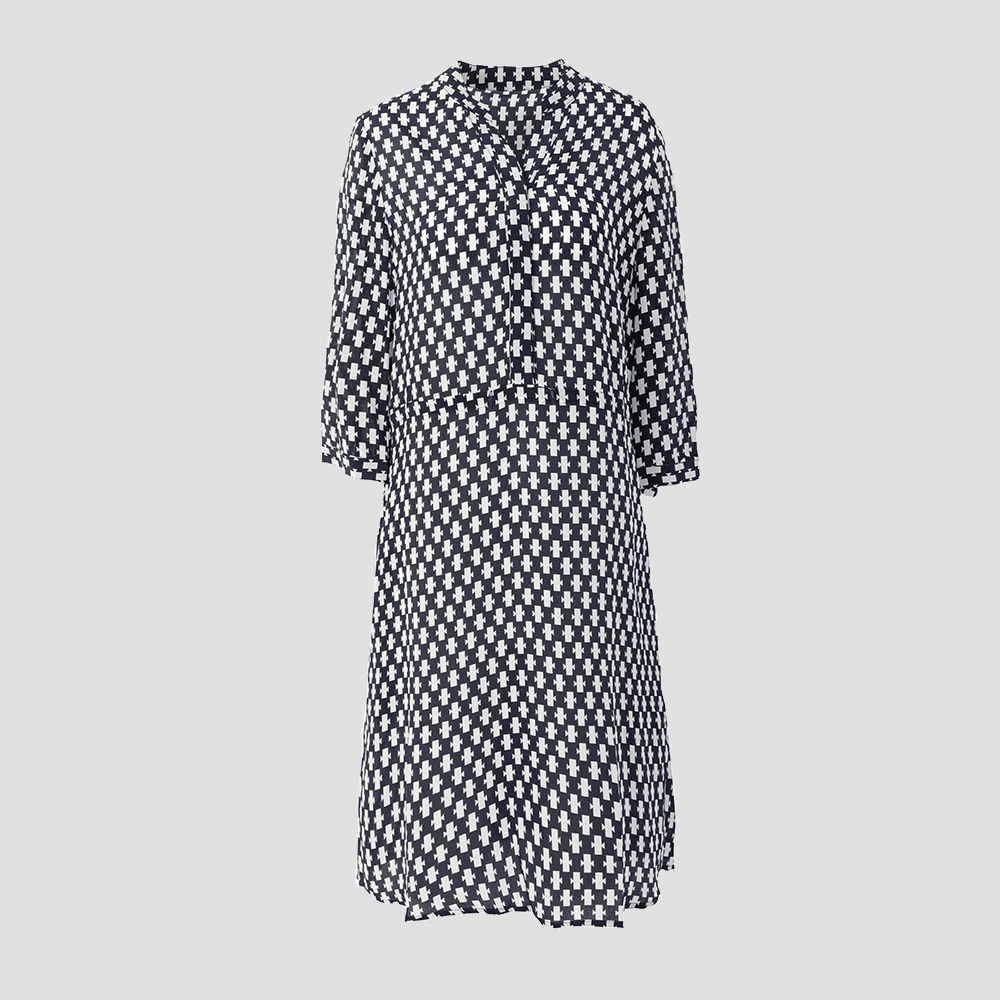 桑蚕丝高贵典雅连衣裙秋季v领规则图案套头系带收腰长裙32812