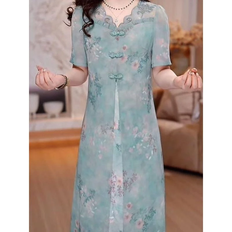 透孔花螺缎连衣裙2025夏季新款遮肉气质女新中式显瘦妈妈礼服裙子