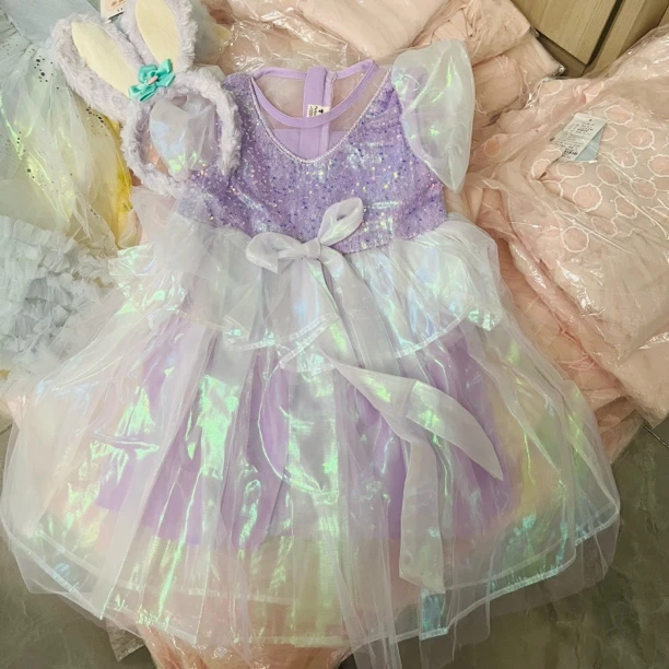 女童2025夏季新款泡泡袖亮片网纱连衣裙