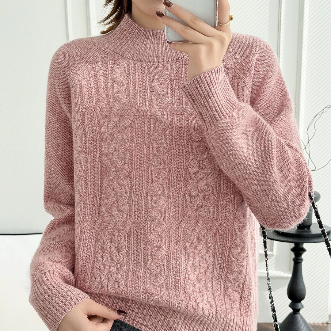 【100% 山羊绒】秋冬圆领绞花针织衫女宽松羊绒上衣 CTM0026