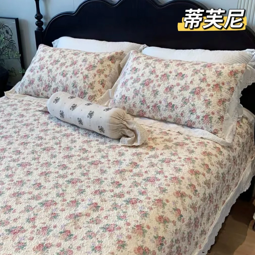 法式花边赫本风纯棉床盖碎花印花高温酵素砂洗绗缝加厚床单可机洗
