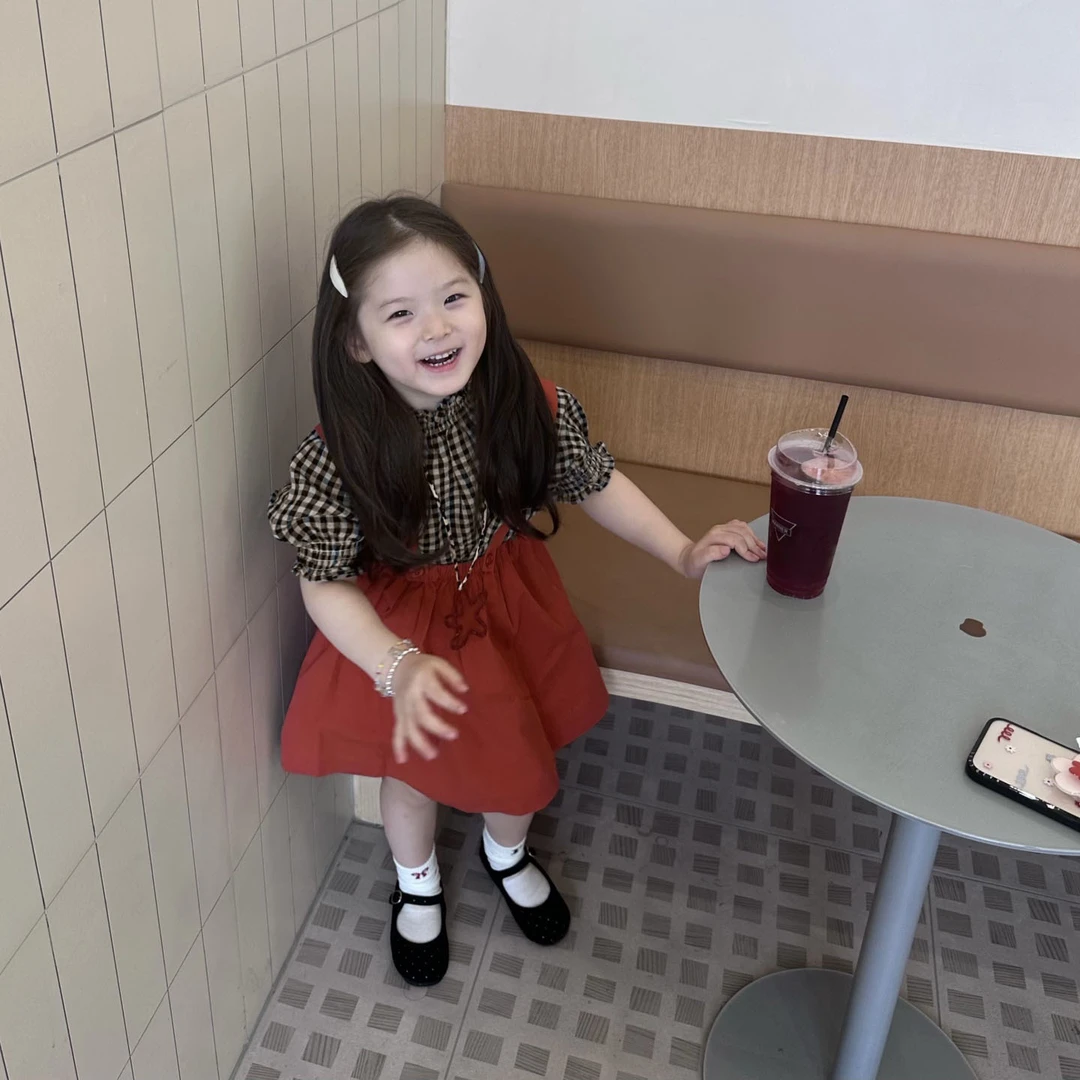 壹妈女童夏装套装2025夏装新款儿童洋气格子格子短袖上衣背带裙潮