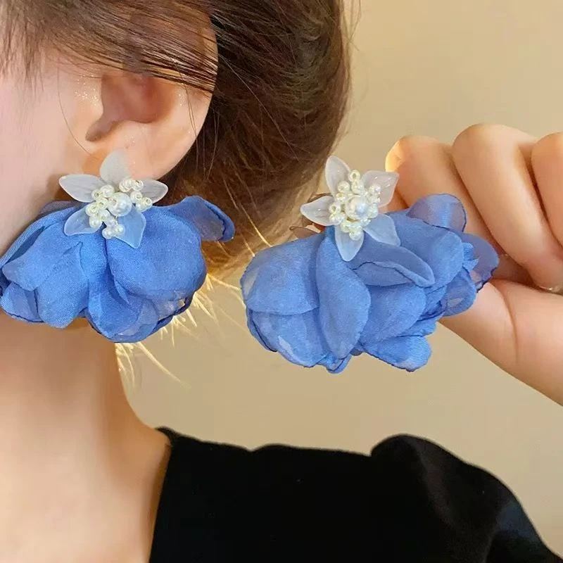 民族风花朵超仙蓝色雪纺耳钉新款小众设计高级耳环气质度假风耳饰