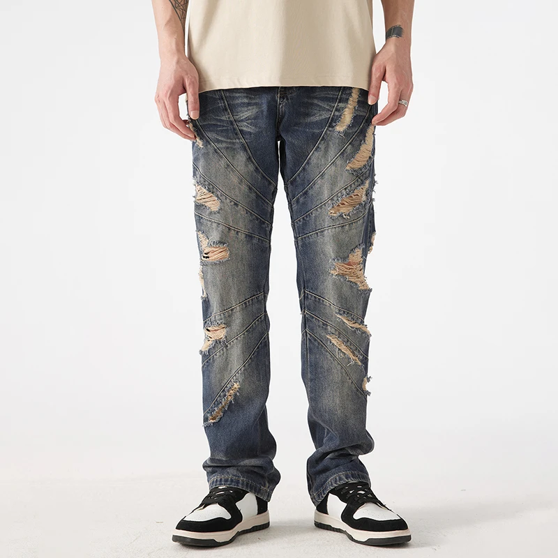 美式高街潮牌破洞拼接阔腿牛仔裤男士宽松男靴垂感潮流个性设计感