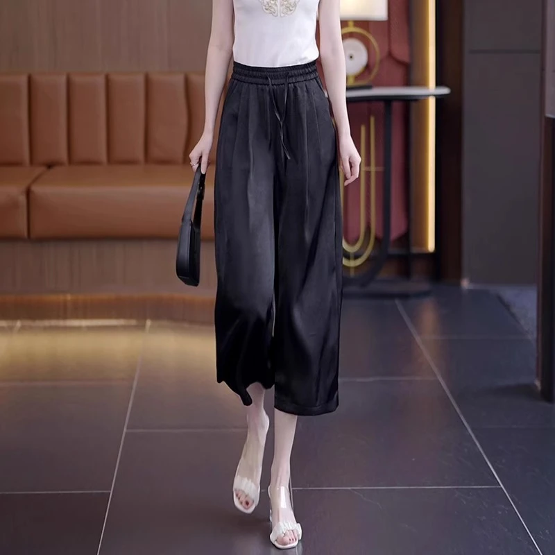 八分阔腿裤女夏季薄款2025新款垂感九分小个子缎面冰丝直筒裤宽松