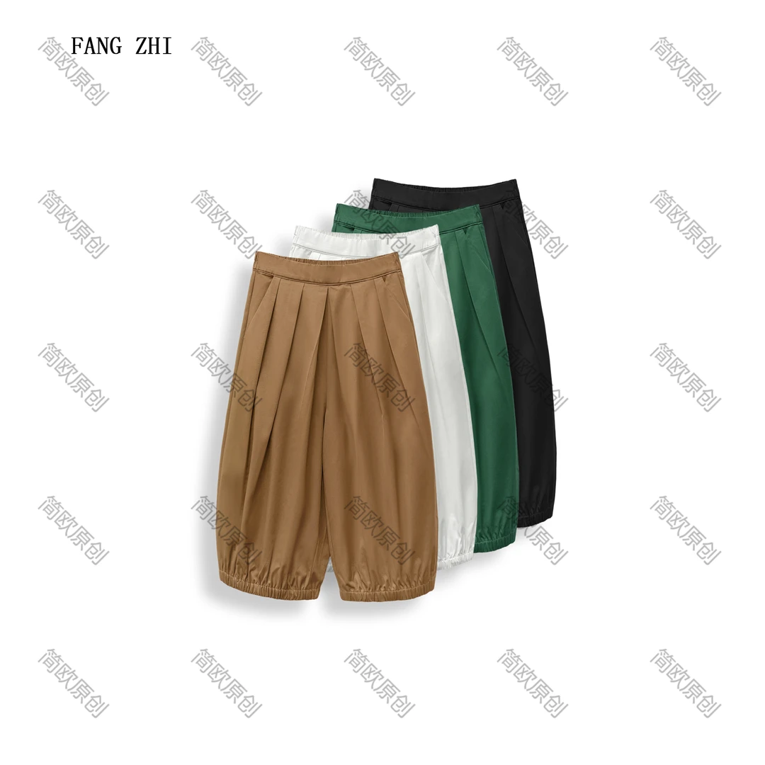 休闲棉质松紧腰抽绳灯笼裤简约宽松阔腿显瘦百搭中裤 P4110