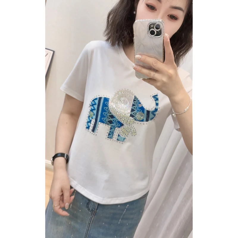 重工烫钻刺绣大象图案短袖T2330-3