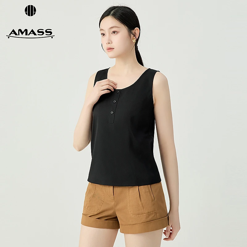 阿玛施AMASS新款简约宽松百搭纯色装饰扣丝质薄款套头背心530073